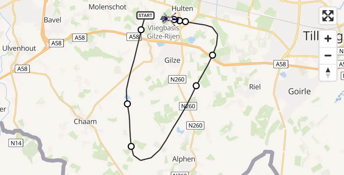 Vluchtroute Politiehelikopter Vliegbasis Gilze Rijen - Vliegbasis Gilze Rijen, 18 mei 2026, 11:50