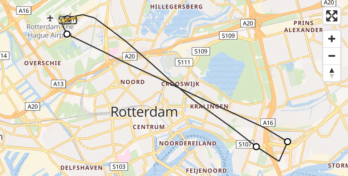 Vluchtroute Traumahelikopter Rotterdam The Hague Airport - Rotterdam The Hague Airport, 18 mei 2026, 12:45