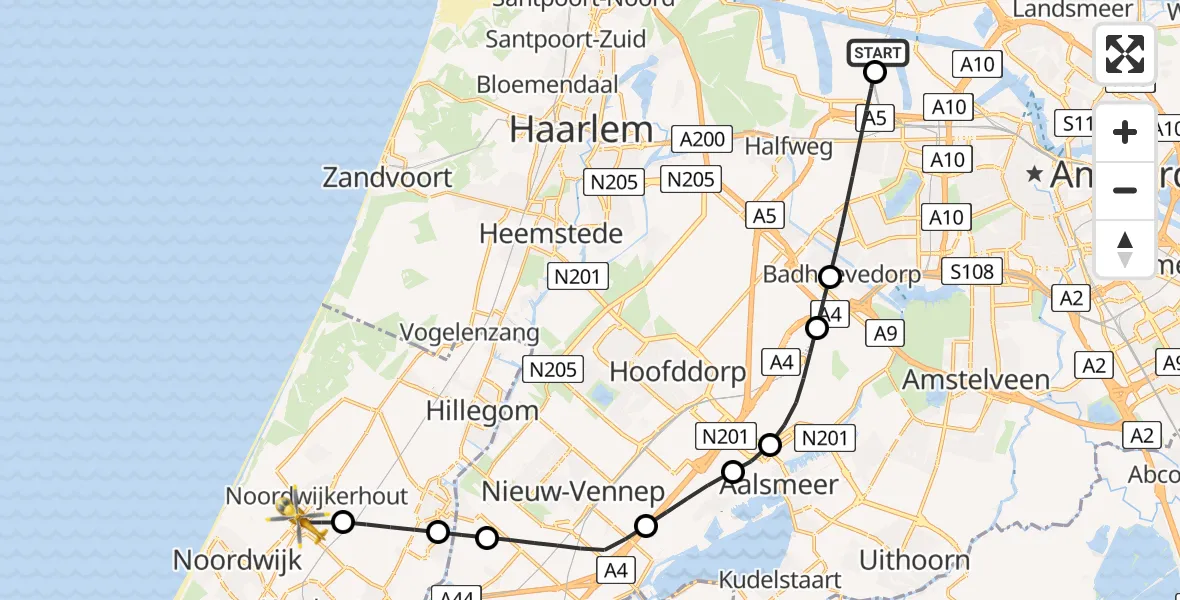 Vluchtroute Traumahelikopter Amsterdam Heliport - Noordwijkerhout, 18 mei 2026, 13:06