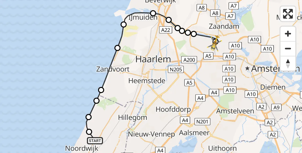 Vluchtroute Traumahelikopter Noordwijkerhout - Amsterdam Heliport, 18 mei 2026, 13:31