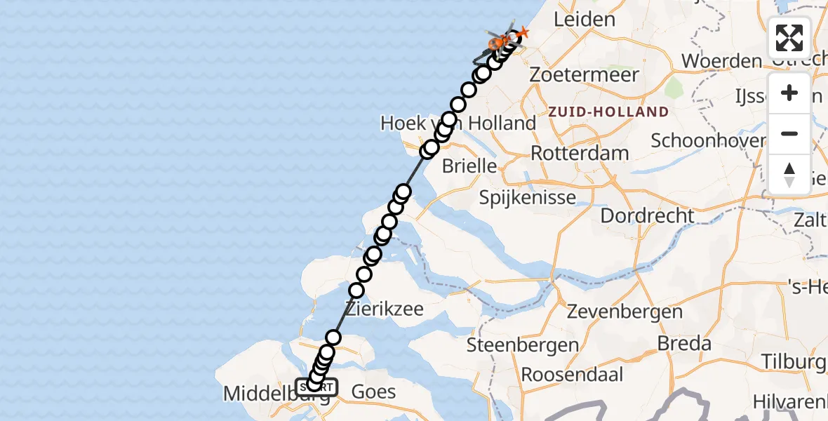 Vluchtroute Kustwachthelikopter Vliegveld Midden-Zeeland - Noordzee, 18 mei 2026, 17:04