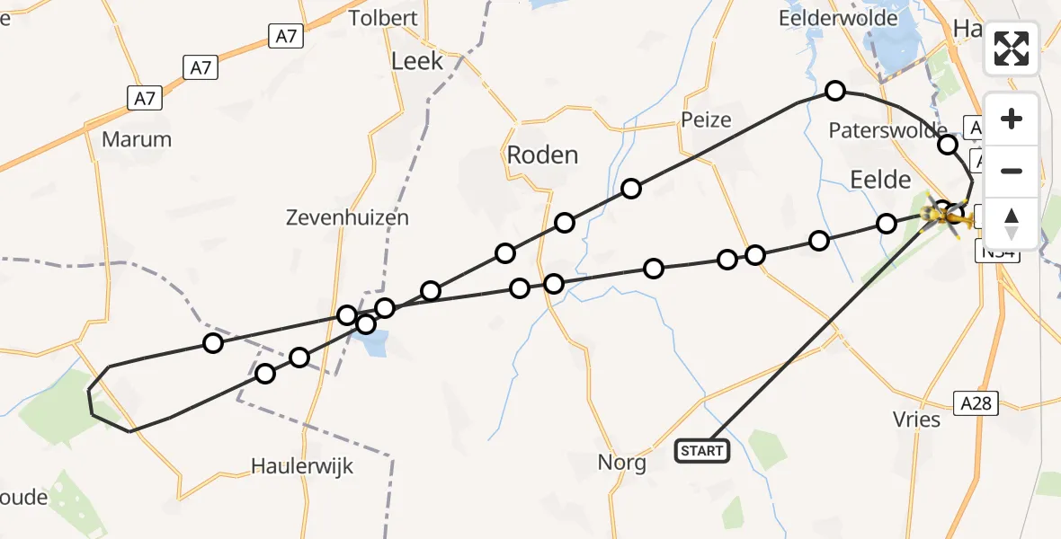 Vluchtroute Traumahelikopter Norg - Groningen Airport Eelde, 18 mei 2026, 17:46