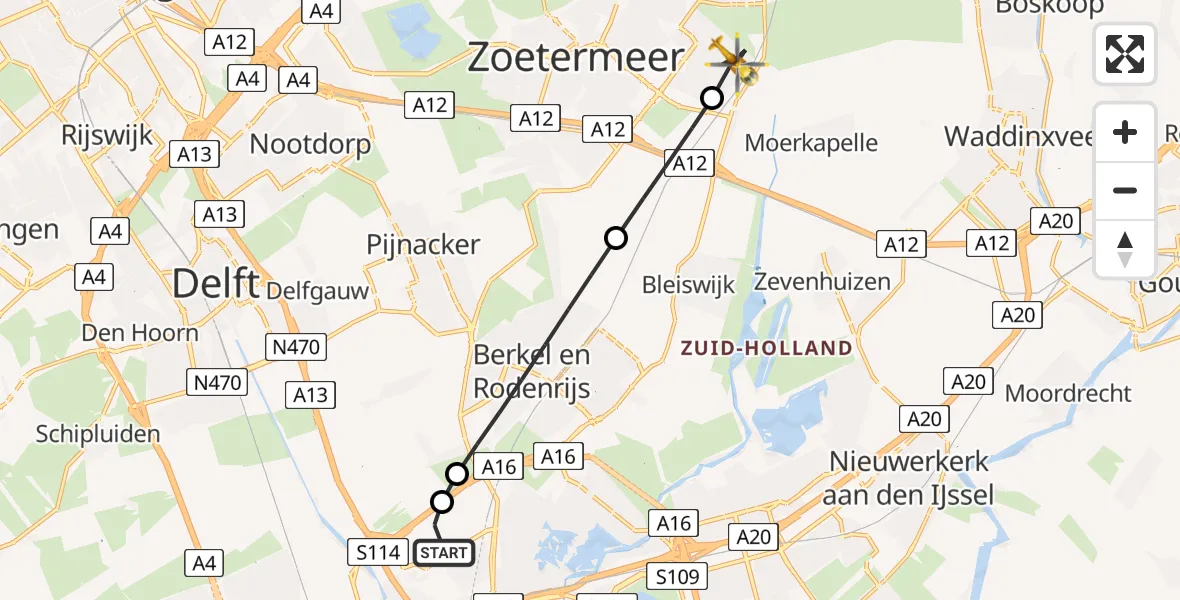 Vluchtroute Traumahelikopter Rotterdam The Hague Airport - Zoetermeer, 18 mei 2026, 17:56