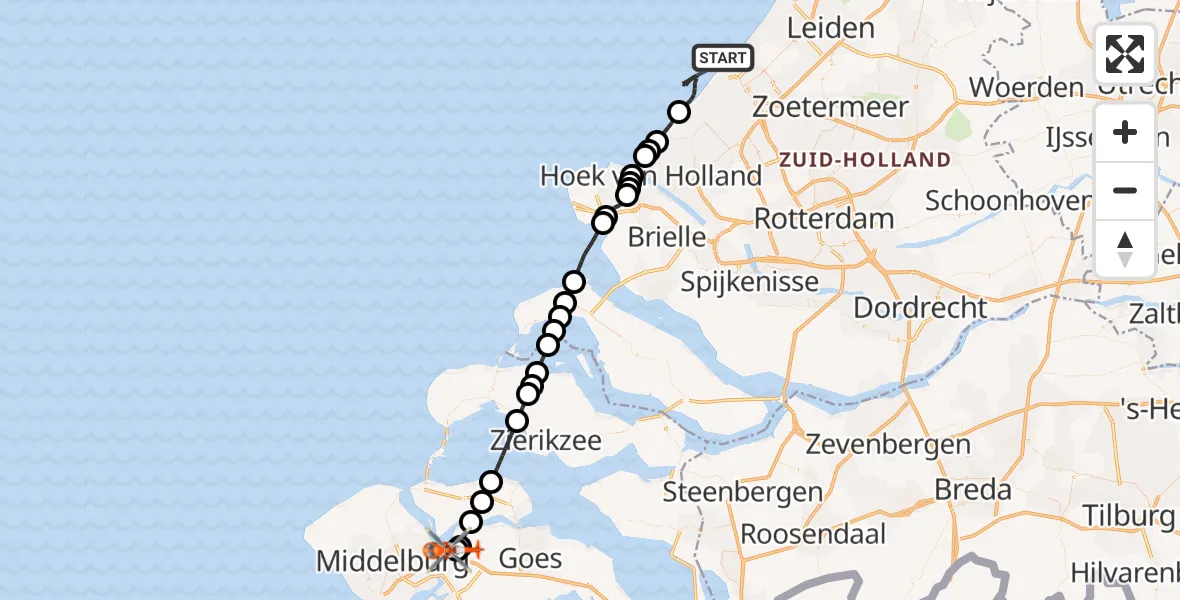 Vluchtroute Kustwachthelikopter Noordzee - Vliegveld Midden-Zeeland, 18 mei 2026, 18:08