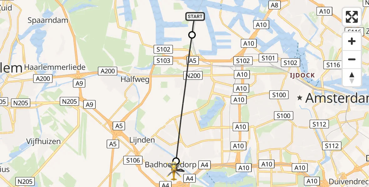 Vluchtroute Traumahelikopter Amsterdam Heliport - Badhoevedorp, 18 mei 2026, 18:27