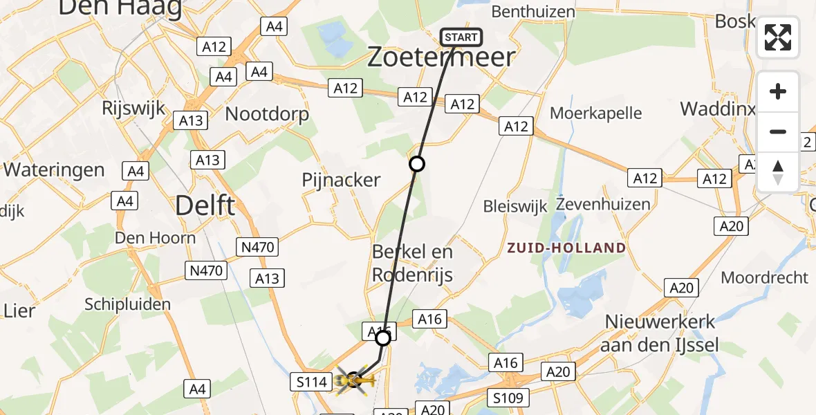 Vluchtroute Traumahelikopter Zoetermeer - Rotterdam The Hague Airport, 18 mei 2026, 18:52