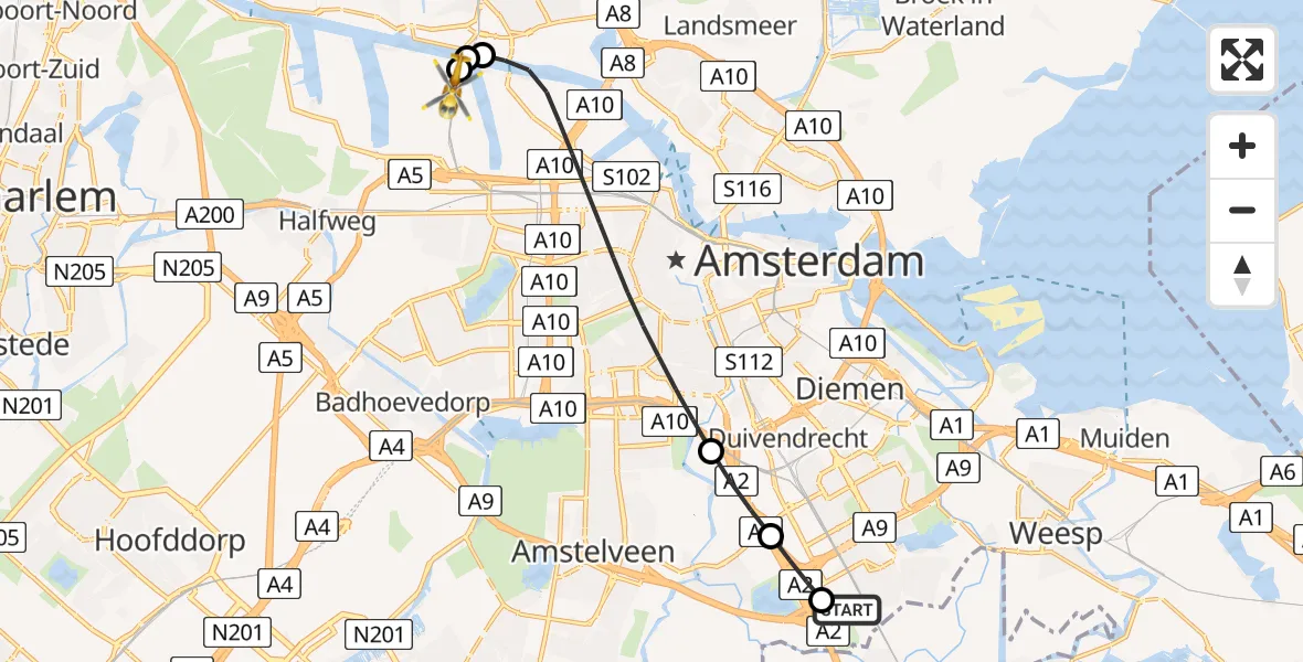 Vluchtroute Traumahelikopter Amsterdam UMC Helipad - Amsterdam Heliport, 18 mei 2026, 19:25