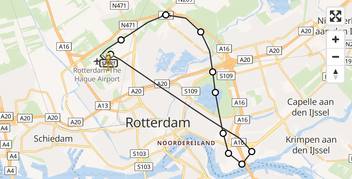 Vluchtroute Traumahelikopter Rotterdam The Hague Airport - Rotterdam The Hague Airport, 18 mei 2026, 20:10