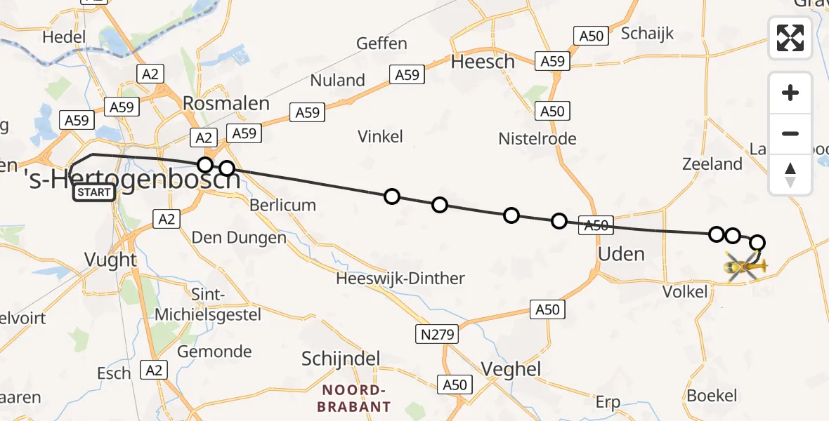 Vluchtroute Traumahelikopter 's-Hertogenbosch - Vliegbasis Volkel, 18 mei 2026, 20:25