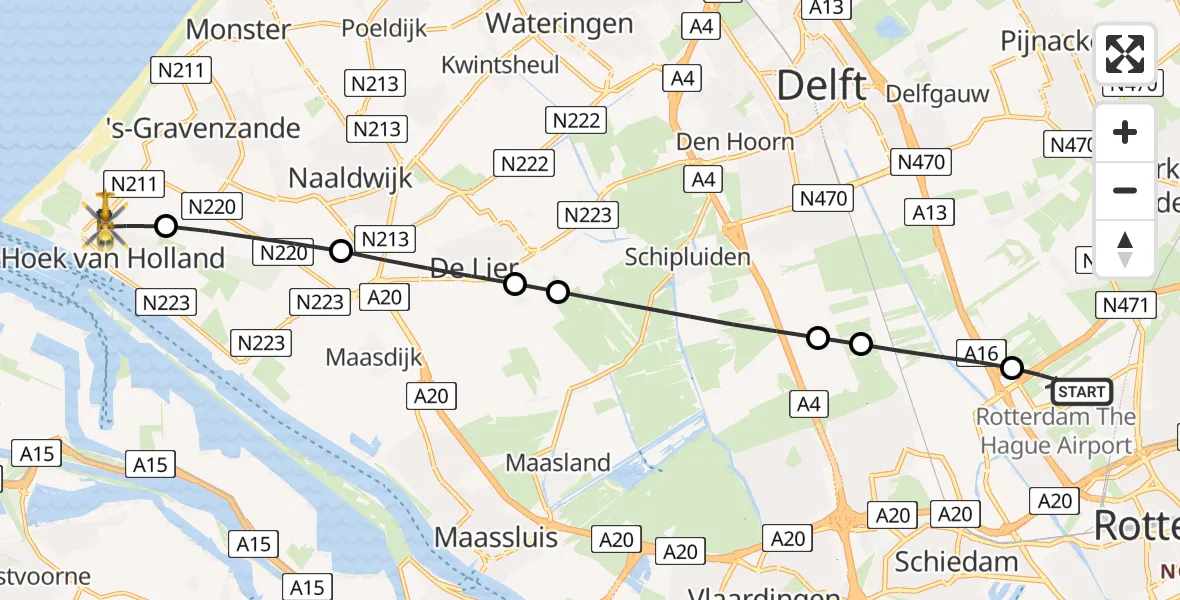Vluchtroute Traumahelikopter Rotterdam The Hague Airport - Hoek van Holland, 18 mei 2026, 20:32