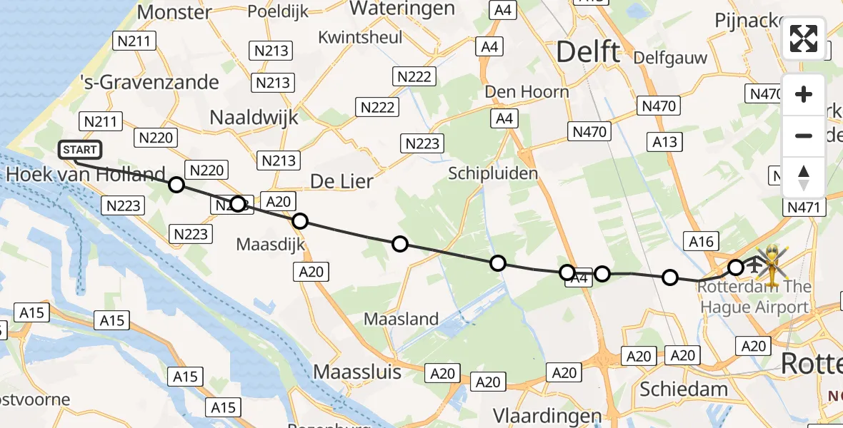 Vluchtroute Traumahelikopter Hoek van Holland - Rotterdam The Hague Airport, 18 mei 2026, 21:09