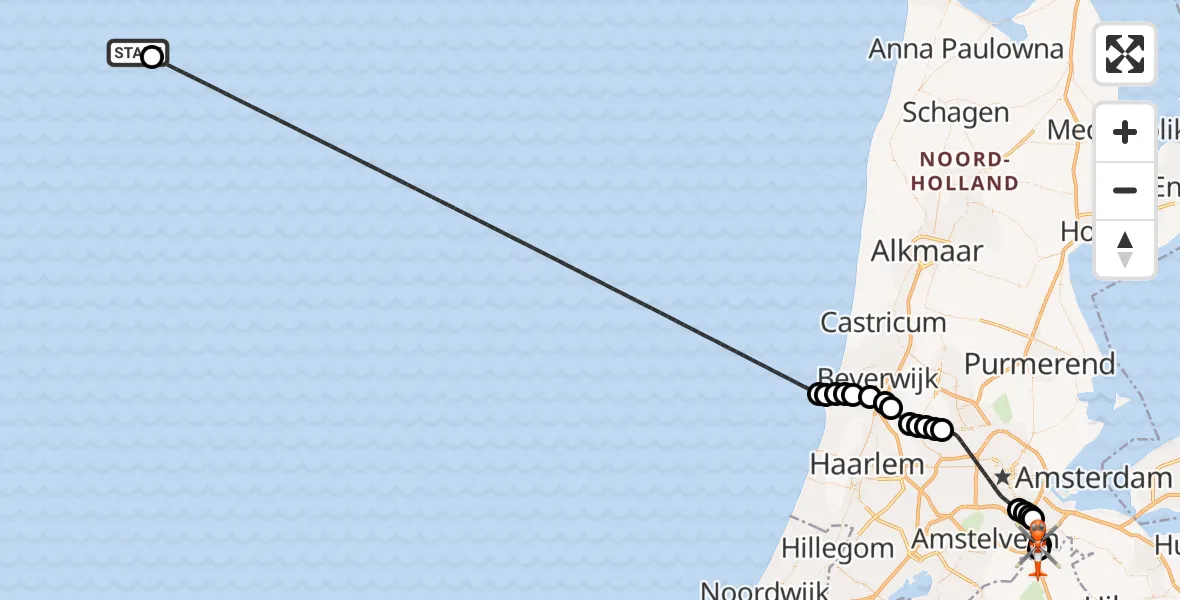 Vluchtroute Kustwachthelikopter North Sea - Amsterdam UMC Helipad, 18 mei 2026, 21:39