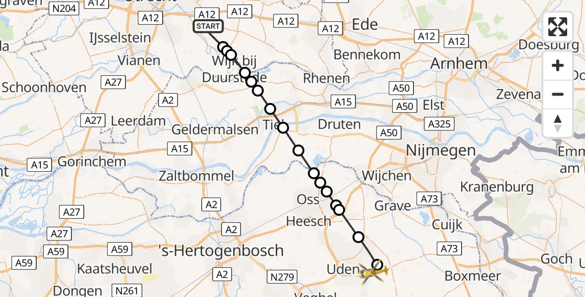 Vluchtroute Traumahelikopter Driebergen-Rijsenburg - Vliegbasis Volkel, 18 mei 2026, 21:50