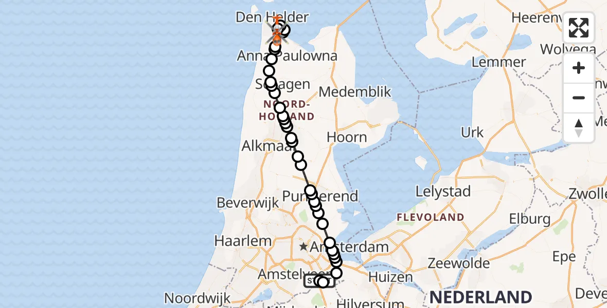 Vluchtroute Kustwachthelikopter Amsterdam UMC Helipad - Militair vliegveld De Kooy / Den Helder Airport, 18 mei 2026, 22:14