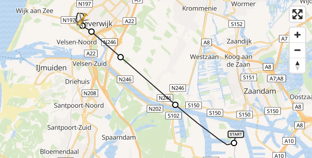 Vluchtroute Traumahelikopter Amsterdam Heliport - Beverwijk, 19 mei 2026, 04:38