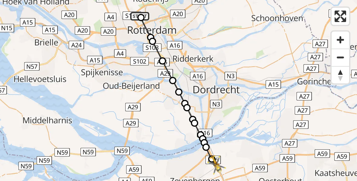 Vluchtroute Traumahelikopter Rotterdam The Hague Airport - Zevenbergschen Hoek, 19 mei 2026, 04:49