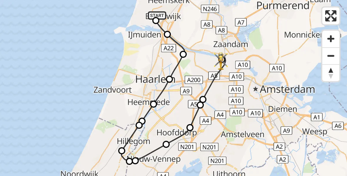 Vluchtroute Traumahelikopter Beverwijk - Amsterdam Heliport, 19 mei 2026, 04:54
