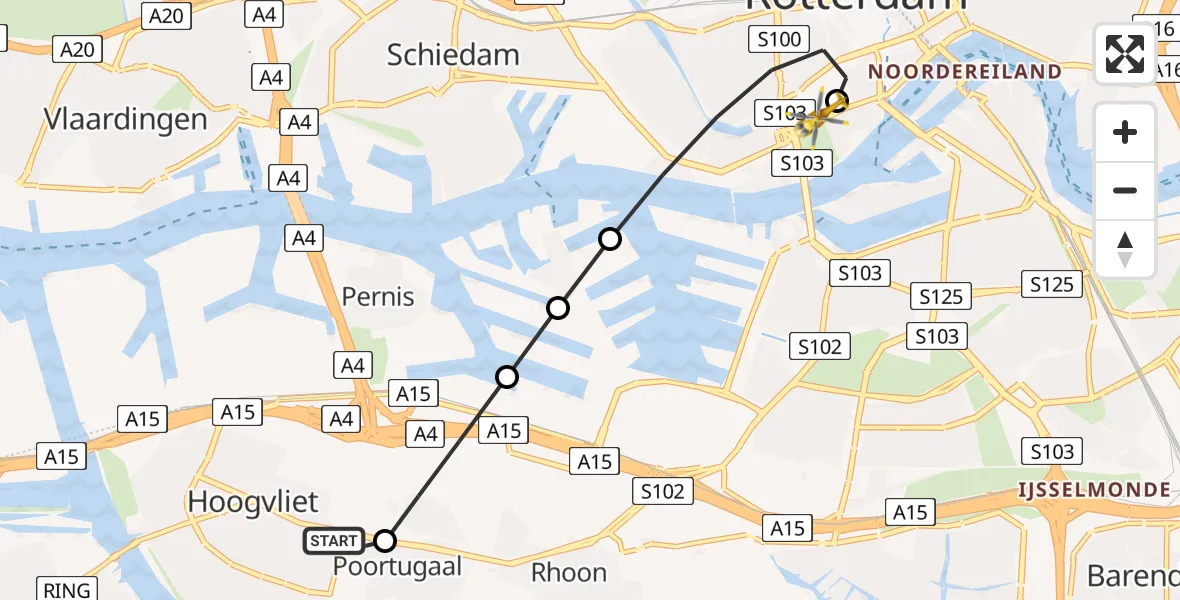 Vluchtroute Traumahelikopter Hoogvliet Rotterdam - Leids Universitair Medisch Centrum (LUMC), 19 mei 2026, 06:22