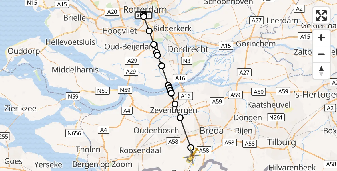 Vluchtroute Traumahelikopter Leids Universitair Medisch Centrum (LUMC) - Rijsbergen, 19 mei 2026, 06:35