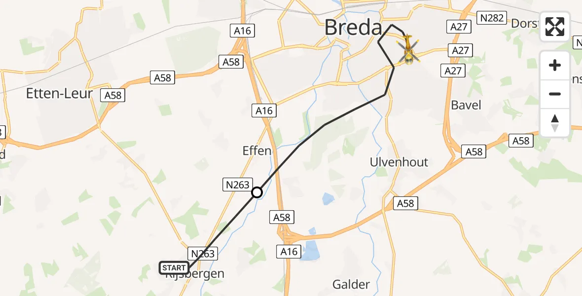 Vluchtroute Traumahelikopter Rijsbergen - Breda, 19 mei 2026, 07:18