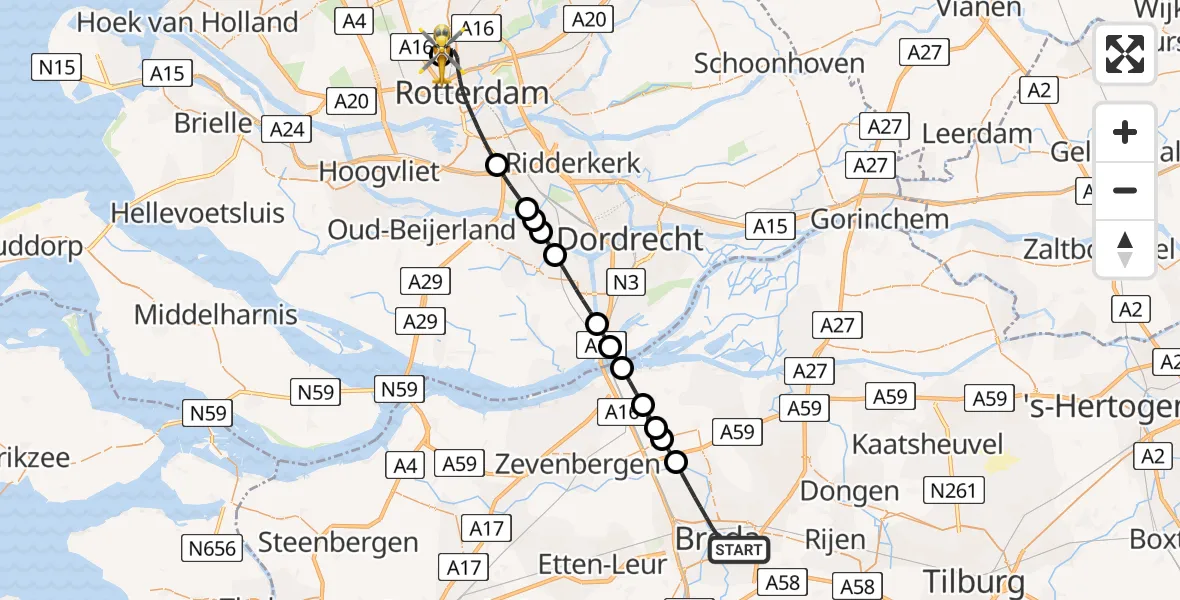 Vluchtroute Traumahelikopter Breda - Rotterdam The Hague Airport, 19 mei 2026, 07:50