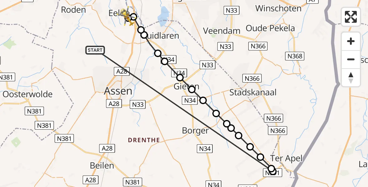 Vluchtroute Traumahelikopter Norg - Groningen Airport Eelde, 19 mei 2026, 12:46