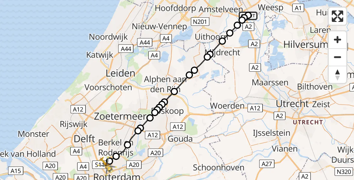 Vluchtroute Traumahelikopter Academisch Medisch Centrum (AMC) - Rotterdam The Hague Airport, 19 mei 2026, 16:34