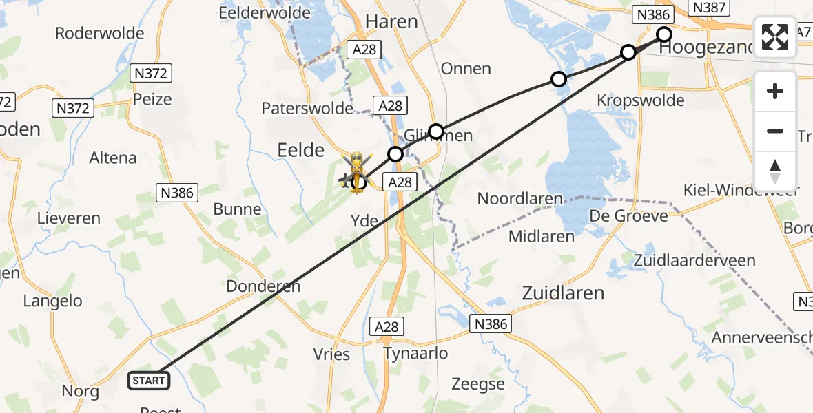 Vluchtroute Traumahelikopter Norg - Groningen Airport Eelde, 19 mei 2026, 18:22