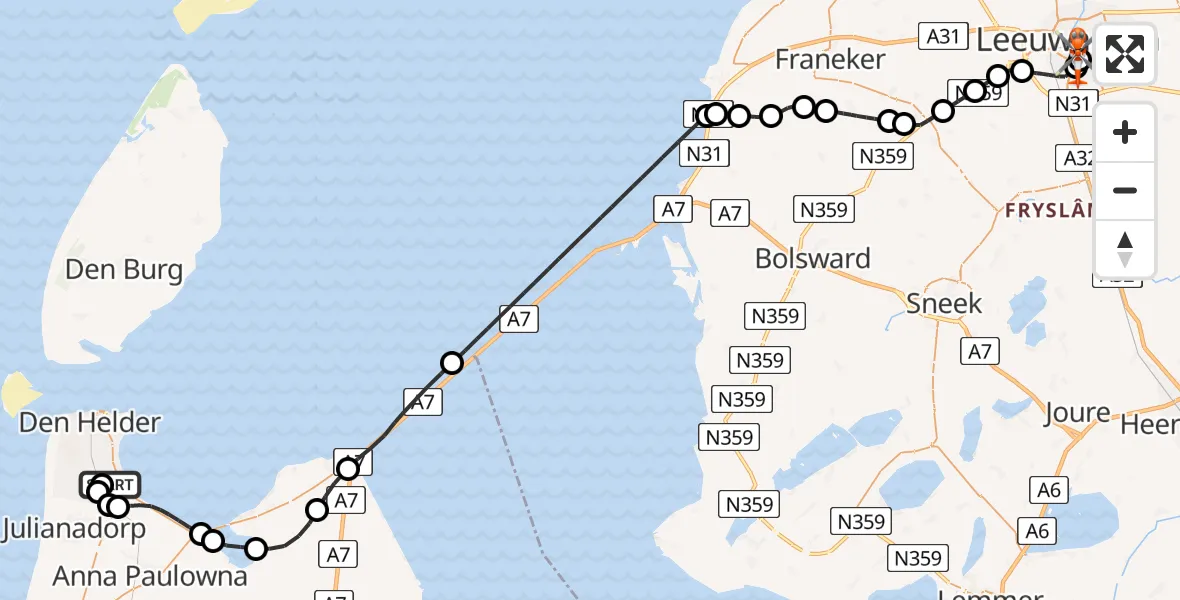 Vluchtroute Kustwachthelikopter Militair vliegveld De Kooy / Den Helder Airport - Leeuwarden Medical Center Heliport, 19 mei 2026, 19:40