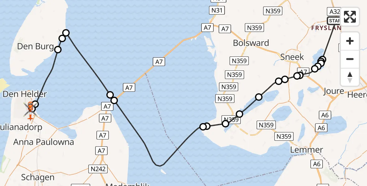 Vluchtroute Kustwachthelikopter Reduzum - Militair vliegveld De Kooy / Den Helder Airport, 19 mei 2026, 20:40