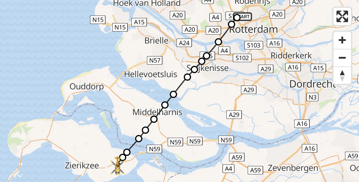Vluchtroute Traumahelikopter Rotterdam The Hague Airport - Oosterland, 20 mei 2026, 02:24
