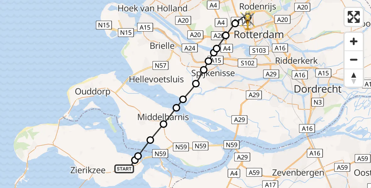 Vluchtroute Traumahelikopter Oosterland - Rotterdam The Hague Airport, 20 mei 2026, 03:10