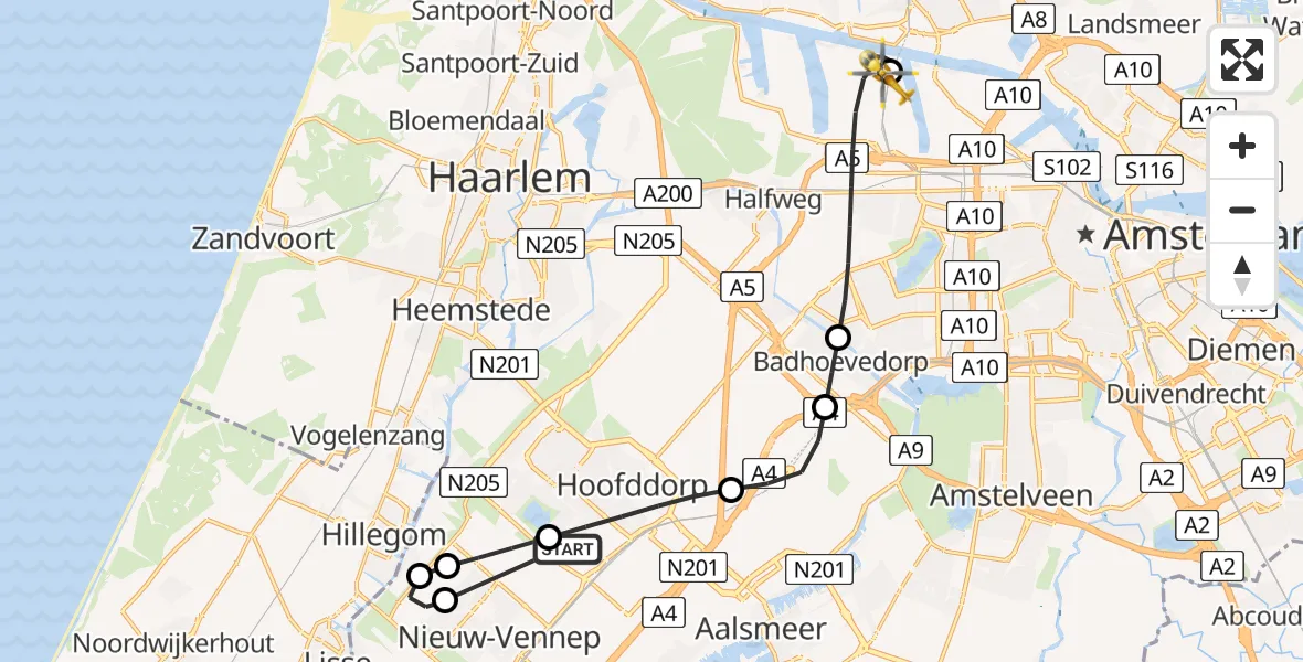 Vluchtroute Traumahelikopter Hoofddorp - Amsterdam Heliport, 20 mei 2026, 06:27