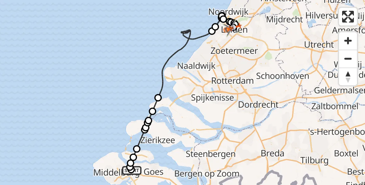 Vluchtroute Kustwachthelikopter Vliegveld Midden-Zeeland - Leiden University Medical Center Heliport, 20 mei 2026, 08:21