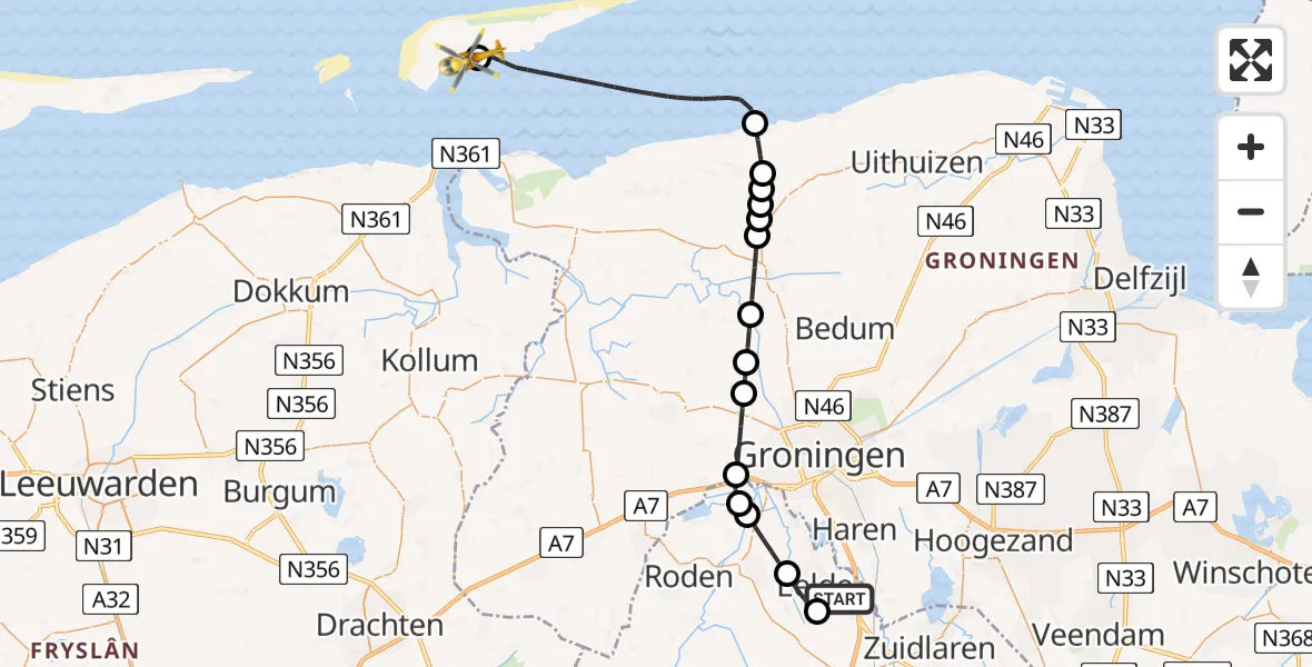 Vluchtroute Traumahelikopter Groningen Airport Eelde - Schiermonnikoog Heliport, 20 mei 2026, 09:01