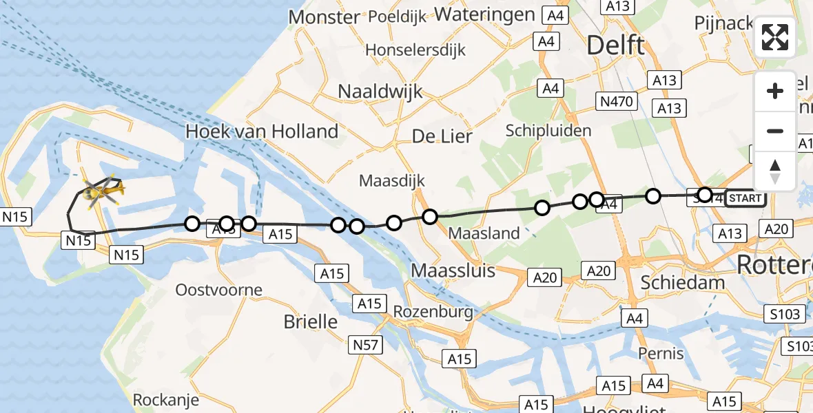 Vluchtroute Traumahelikopter Rotterdam The Hague Airport - Maasvlakte Rotterdam, 20 mei 2026, 09:38