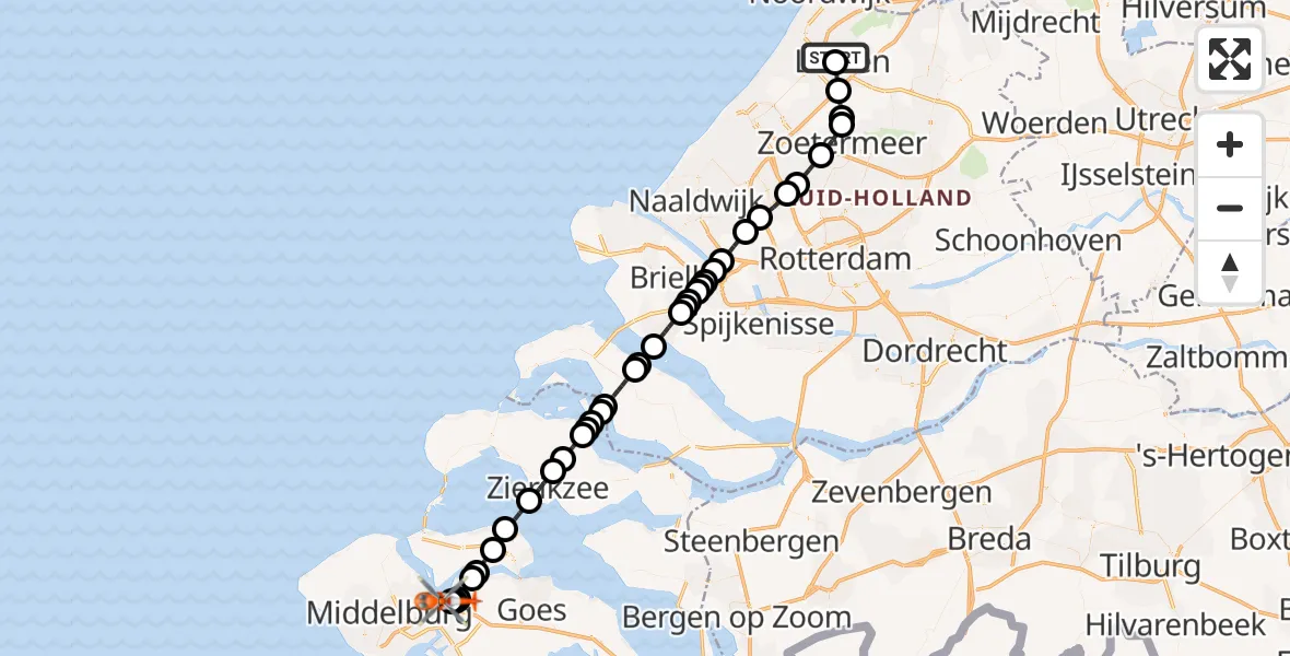 Vluchtroute Kustwachthelikopter Leiden University Medical Center Heliport - Vliegveld Midden-Zeeland, 20 mei 2026, 10:05