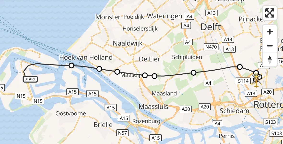 Vluchtroute Traumahelikopter Maasvlakte Rotterdam - Rotterdam The Hague Airport, 20 mei 2026, 10:35