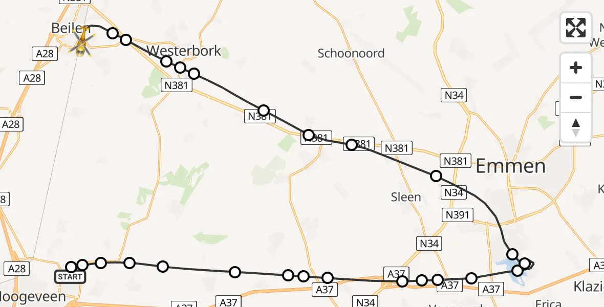 Vluchtroute Traumahelikopter Vliegveld Hoogeveen - Beilen, 20 mei 2026, 10:37