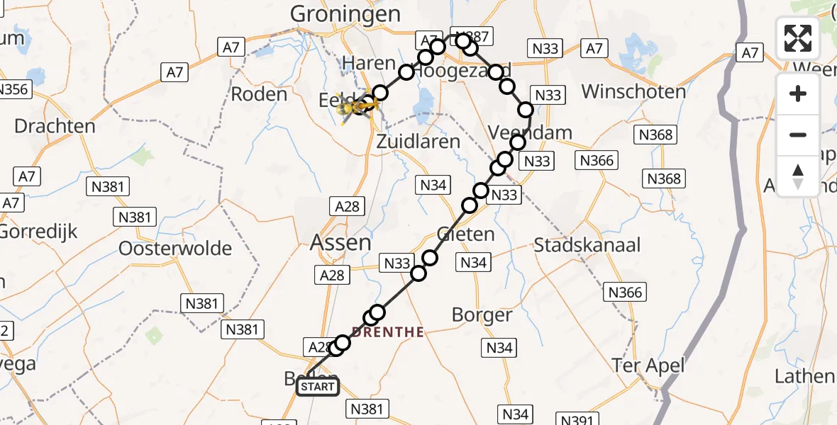 Vluchtroute Traumahelikopter Beilen - Groningen Airport Eelde, 20 mei 2026, 11:27
