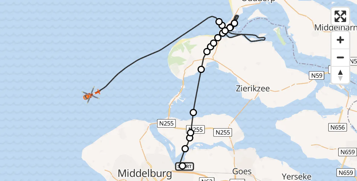 Vluchtroute Kustwachthelikopter Vliegveld Midden-Zeeland - Noordzee, 20 mei 2026, 12:32