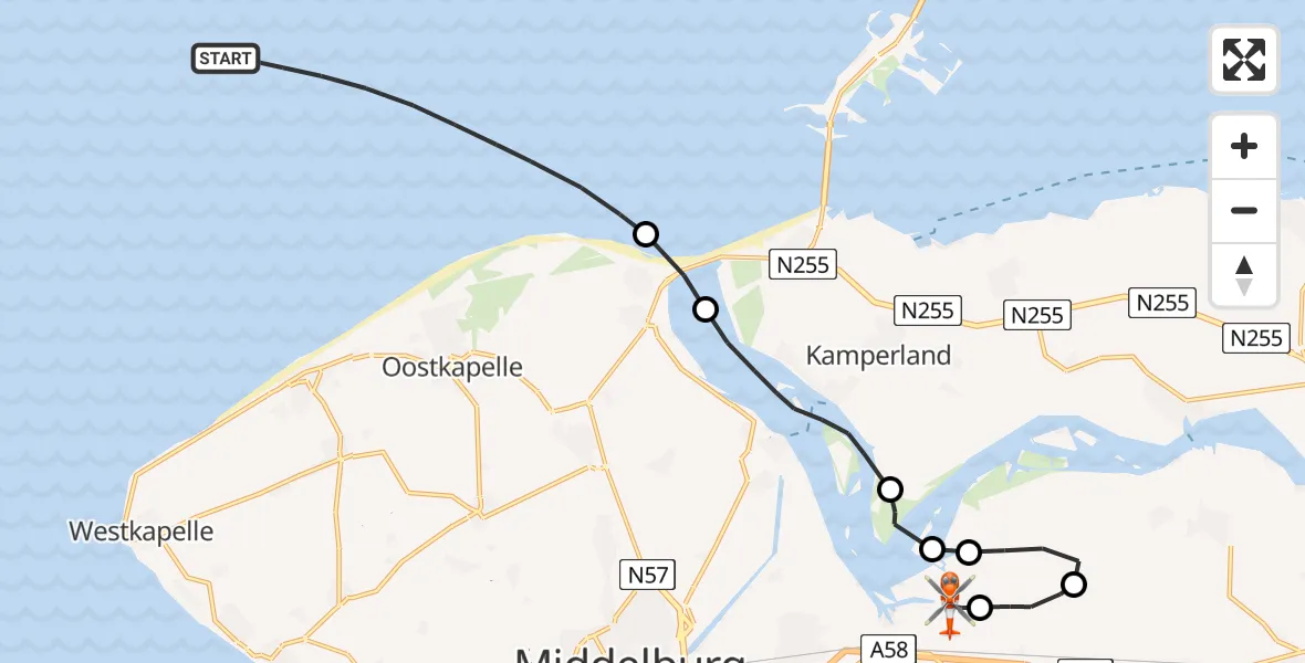 Vluchtroute Kustwachthelikopter Noordzee - Vliegveld Midden-Zeeland, 20 mei 2026, 13:19