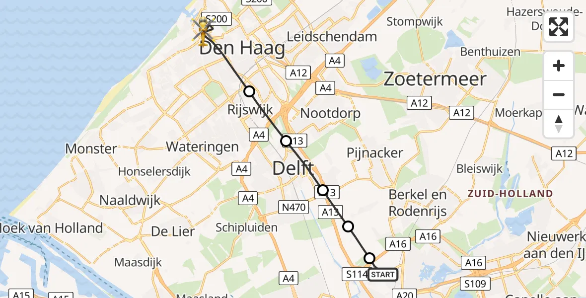 Vluchtroute Traumahelikopter Rotterdam The Hague Airport - 's-Gravenhage, 20 mei 2026, 15:15
