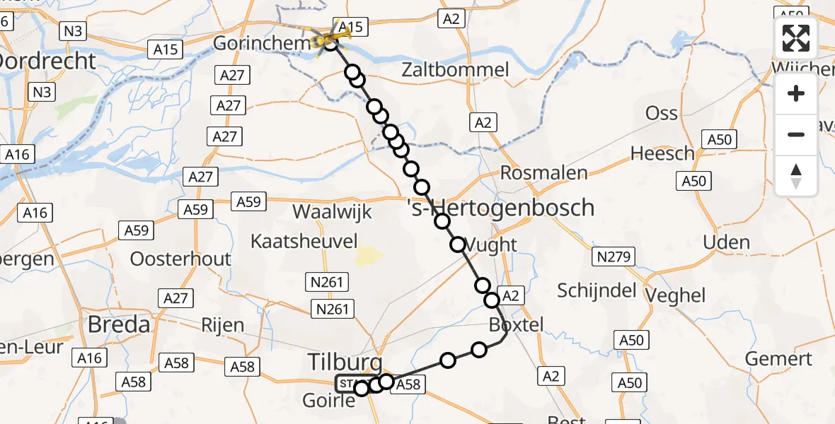 Vluchtroute Traumahelikopter St. Elisabeth Hospital Heliport - Vuren, 20 mei 2026, 16:25