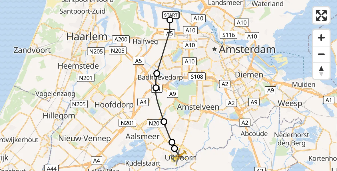 Vluchtroute Traumahelikopter Amsterdam Heliport - Uithoorn, 20 mei 2026, 17:41