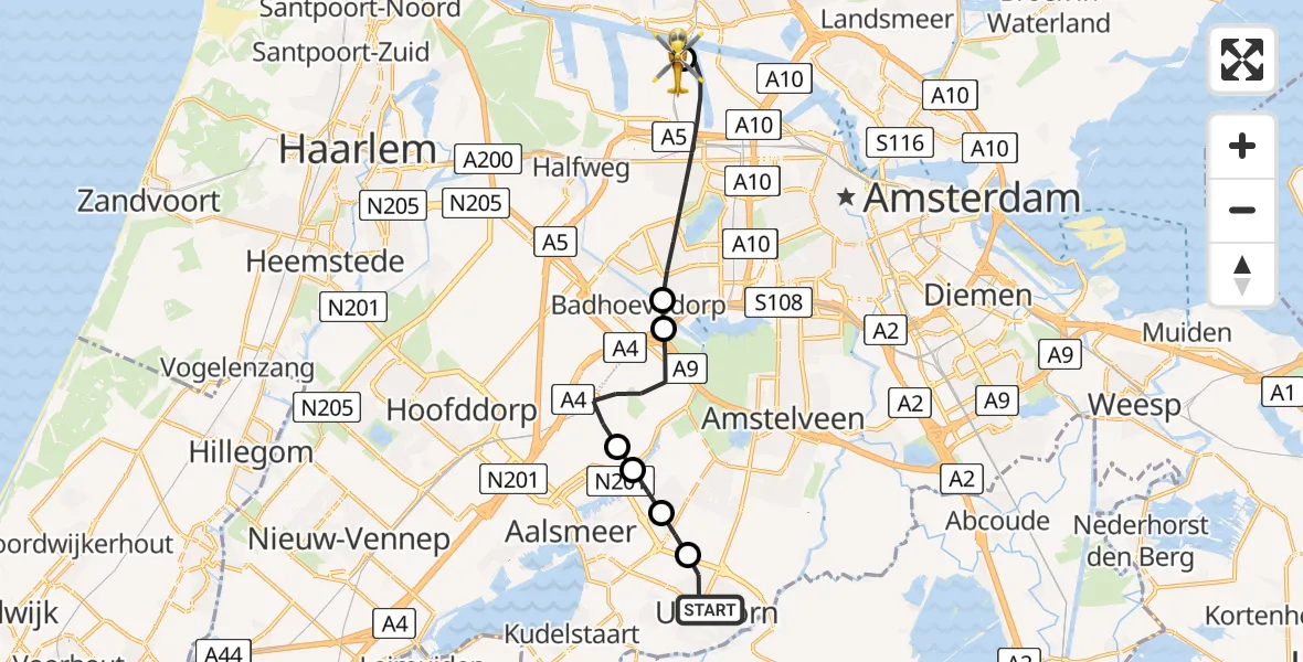 Vluchtroute Traumahelikopter Uithoorn - Amsterdam Heliport, 20 mei 2026, 17:58