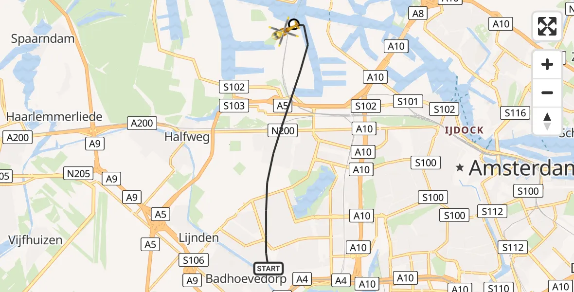 Vluchtroute Traumahelikopter Amsterdam - Amsterdam Heliport, 20 mei 2026, 18:43