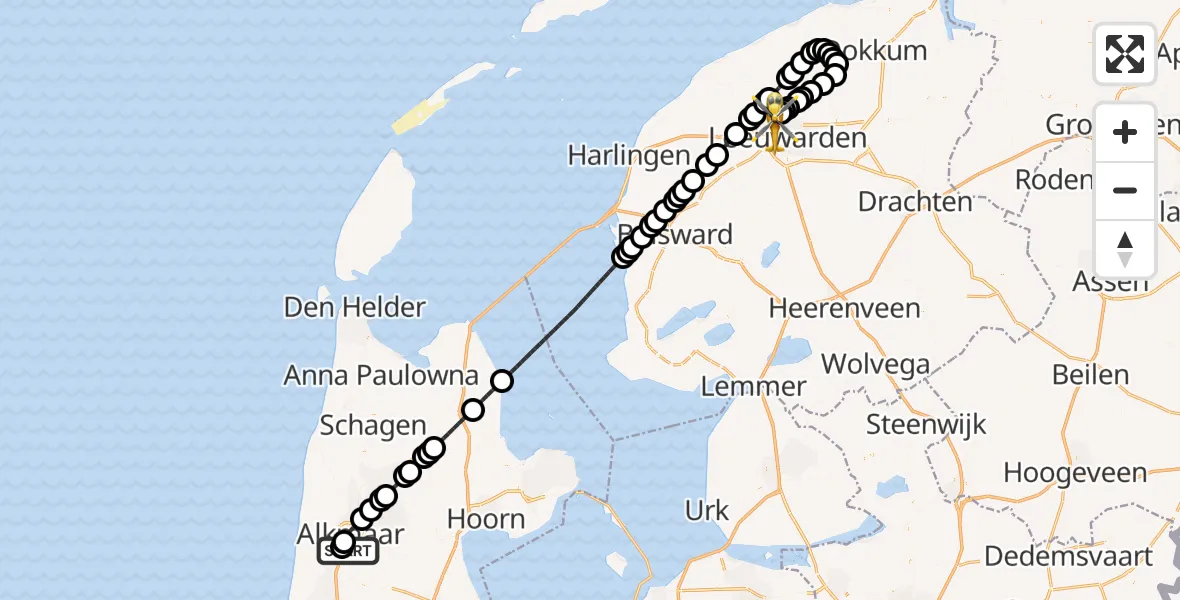 Vluchtroute Ambulancehelikopter Alkmaar - Vliegbasis Leeuwarden, 20 mei 2026, 21:29