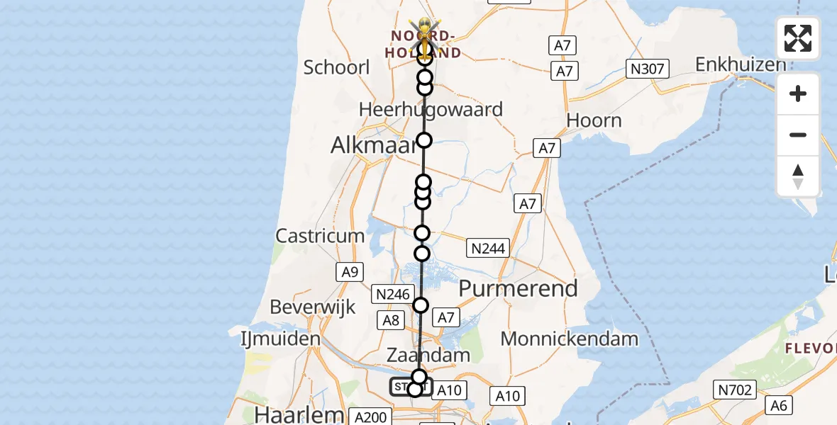 Vluchtroute Traumahelikopter Amsterdam Heliport - Waarland, 20 mei 2026, 22:18