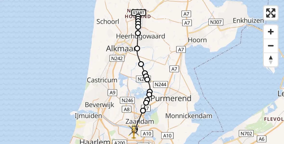 Vluchtroute Traumahelikopter Waarland - Amsterdam Heliport, 20 mei 2026, 22:43